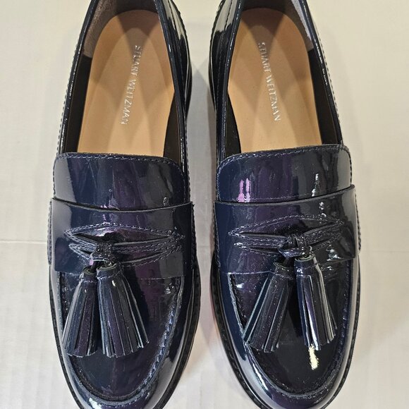 Stuart Weitzman, Adriana Navy Patent Leather Tassel Loafers New Condition - Picture 8 of 9